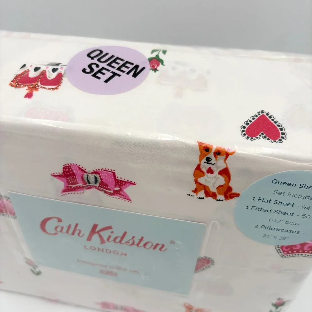 Cath Kidston Royal Ditsy Ruby Queen Sheet Set Corgi Crowns Bows Roses New‎